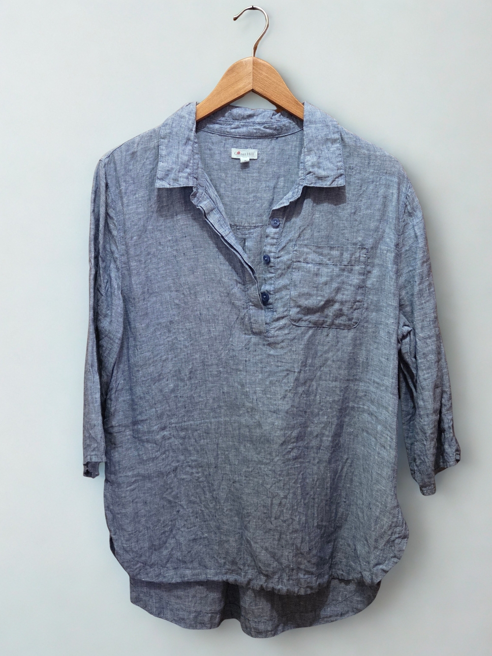 Garnet Hill Blue Linen Pullover Button Shirt